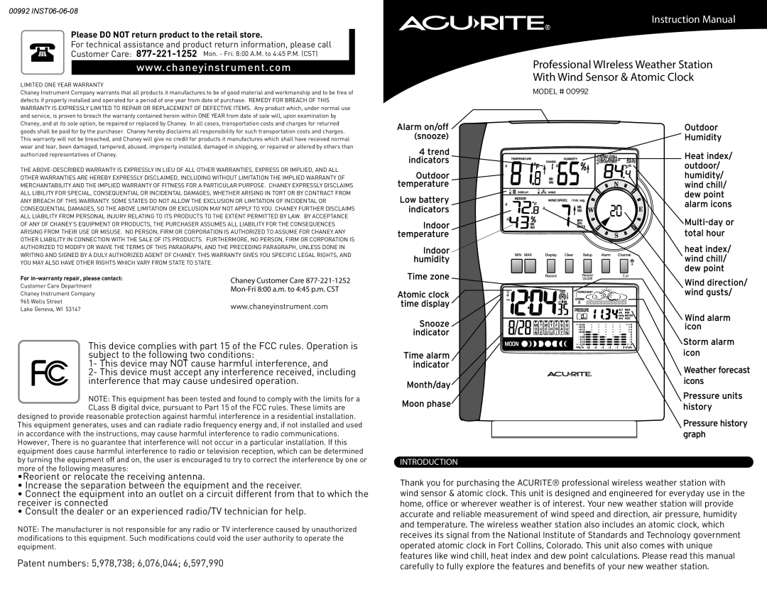 Acu-Rite 992 instruction manual This device may NOT cause harmful interference, and, Introduction, Instruction Manual 