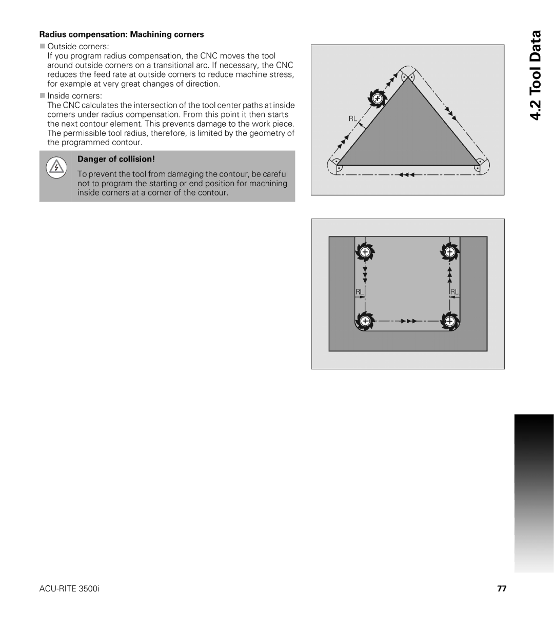 Acu-Rite CNC 3500i user manual Radius compensation Machining corners 