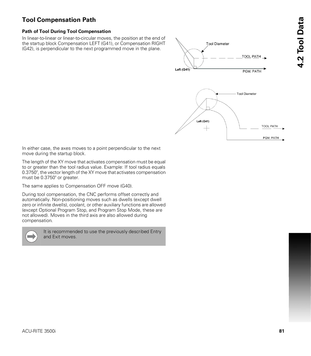 Acu-Rite CNC 3500i user manual Tool Compensation Path, Path of Tool During Tool Compensation 