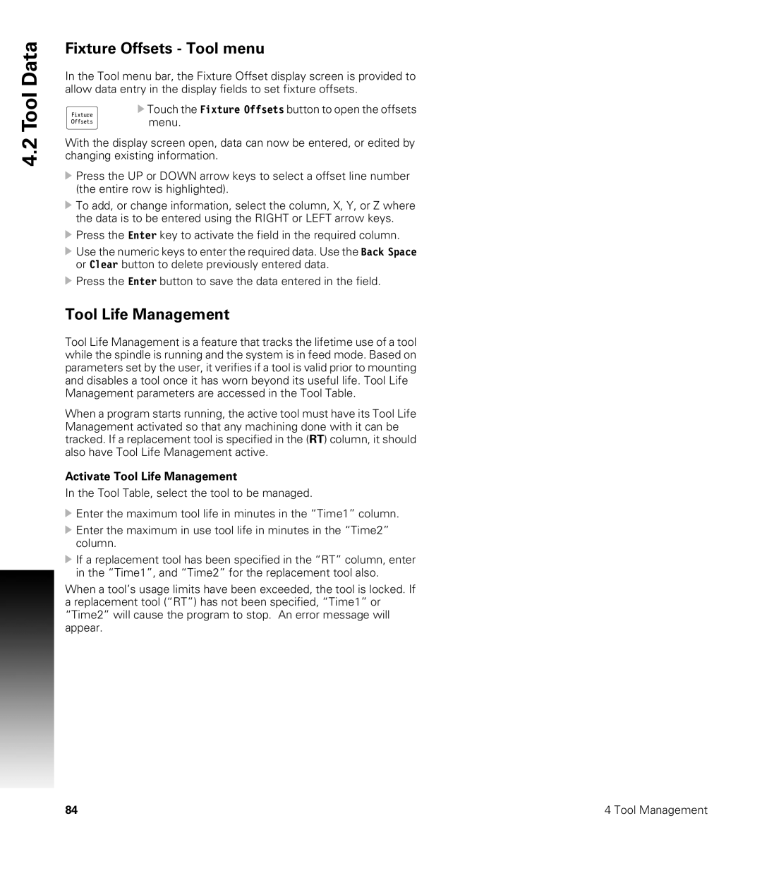 Acu-Rite CNC 3500i user manual Fixture Offsets Tool menu, Activate Tool Life Management 