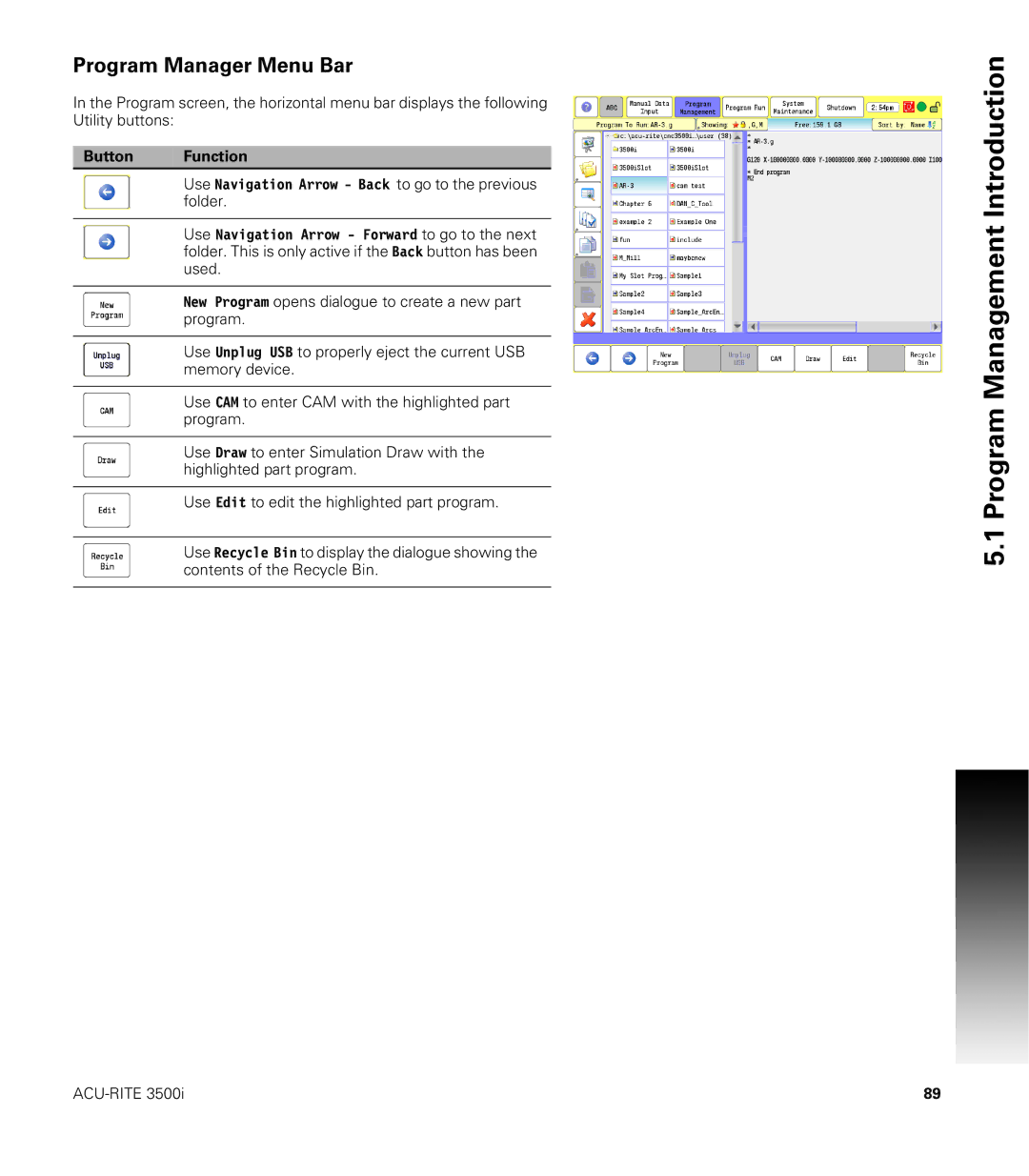 Acu-Rite CNC 3500i user manual Program Manager Menu Bar, Button Function 