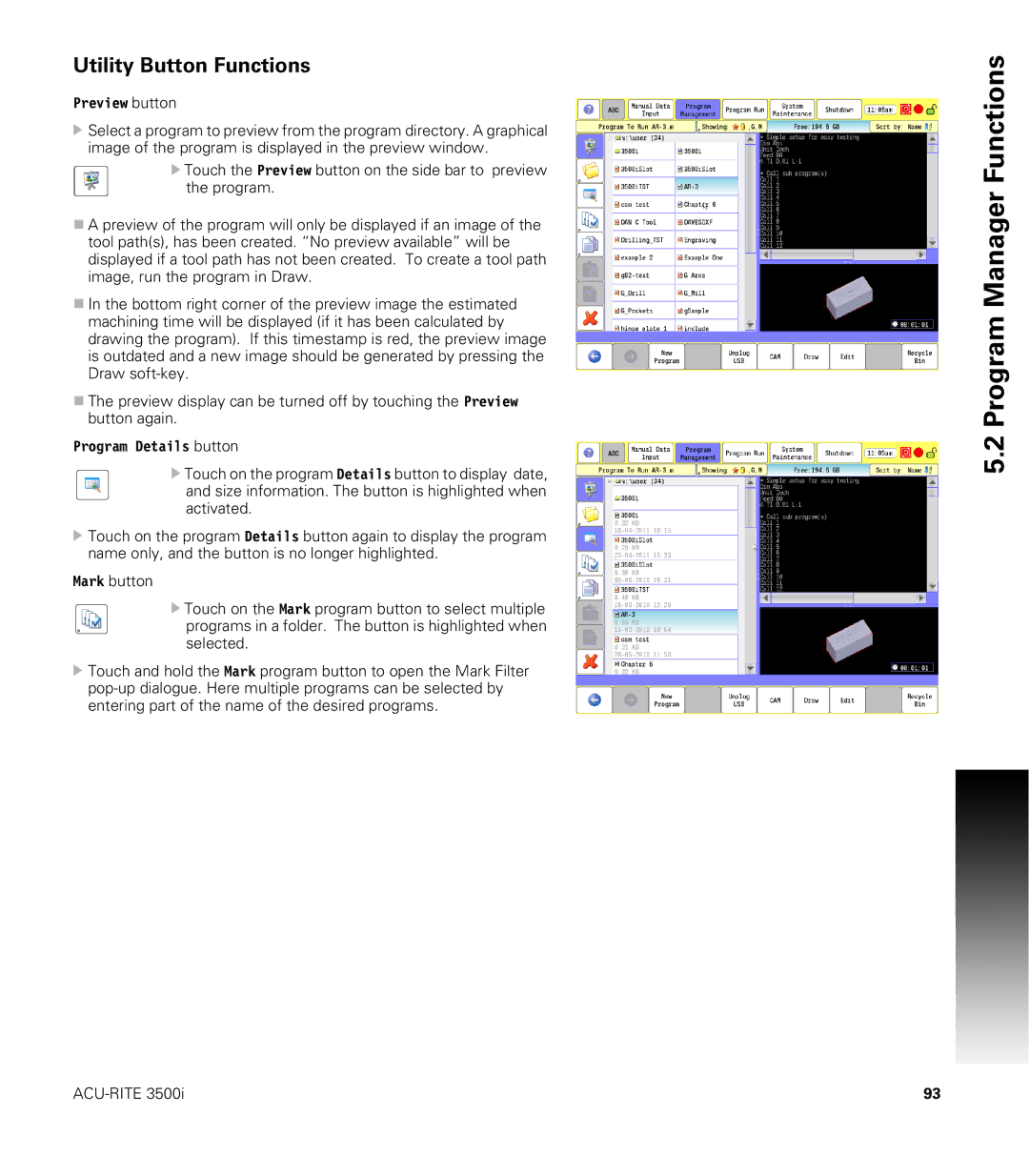 Acu-Rite CNC 3500i user manual Utility Button Functions, Preview button 