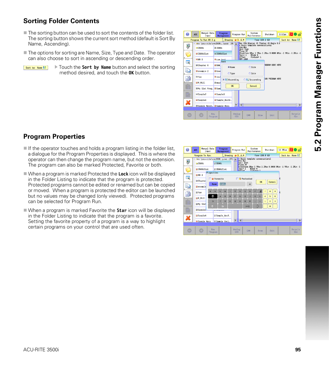 Acu-Rite CNC 3500i user manual Sorting Folder Contents, Program Properties 