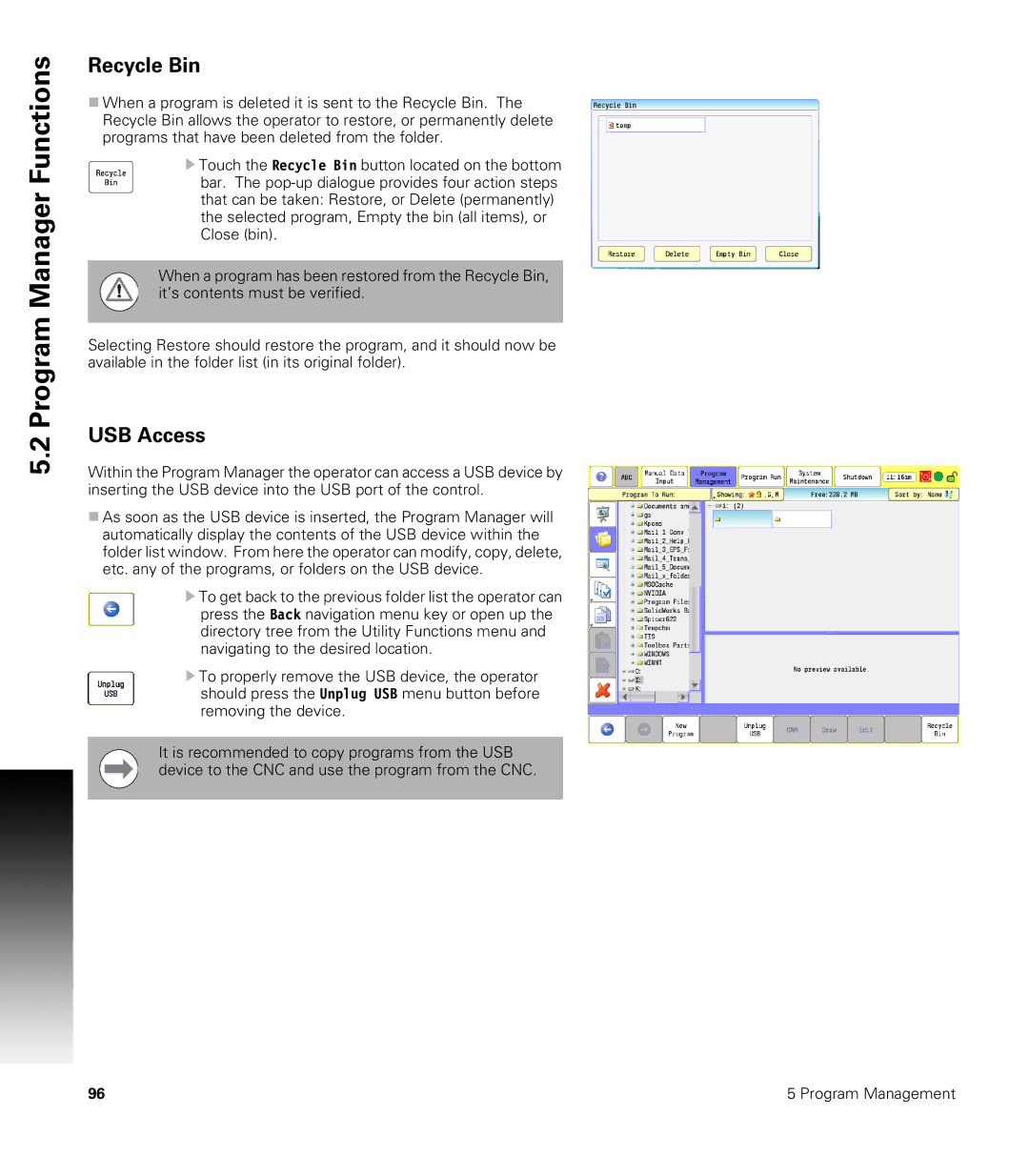 Acu-Rite CNC 3500i user manual Recycle Bin, USB Access 