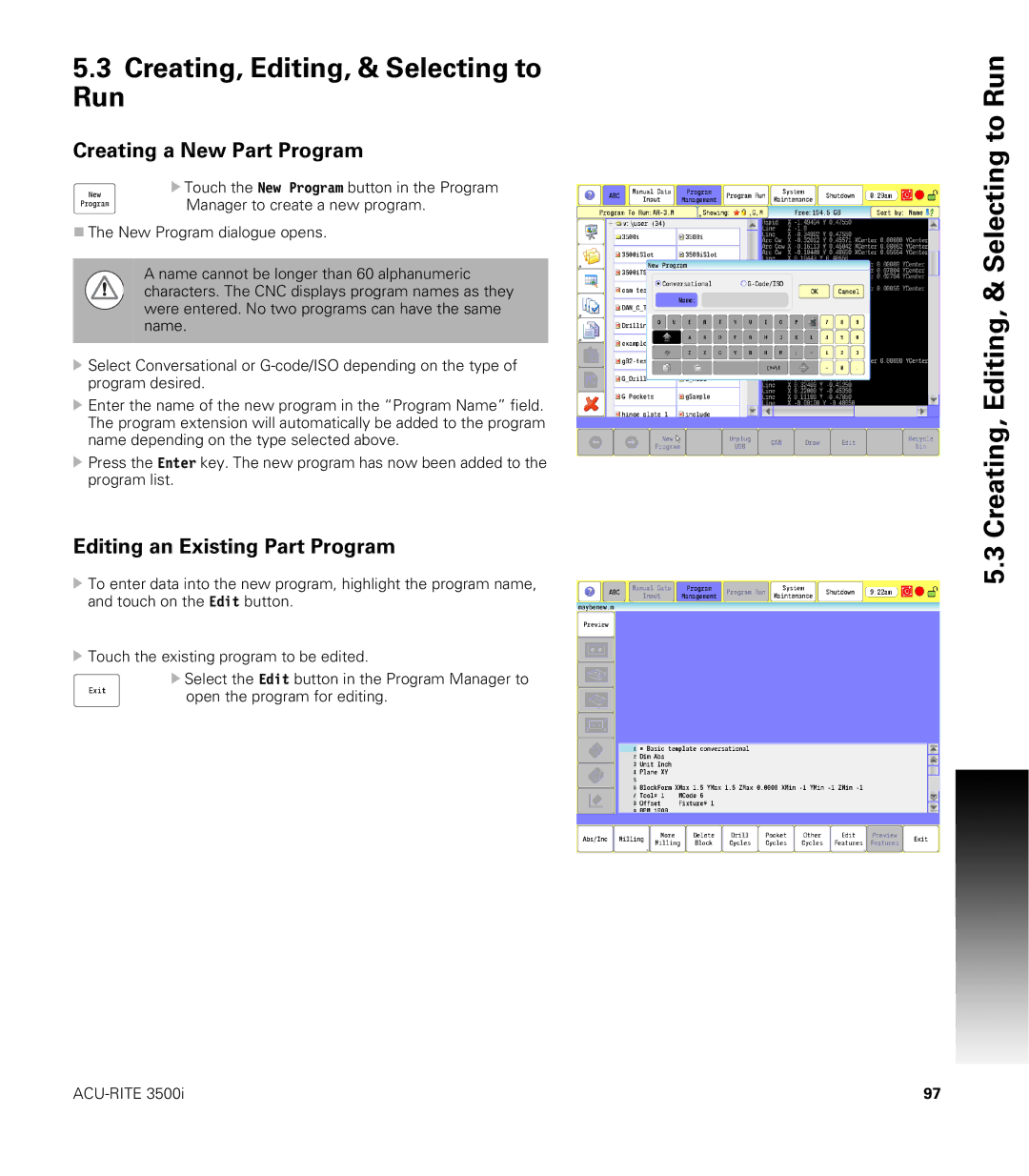 Acu-Rite CNC 3500i Creating, Editing, & Selecting to Run, Creating a New Part Program, Editing an Existing Part Program 