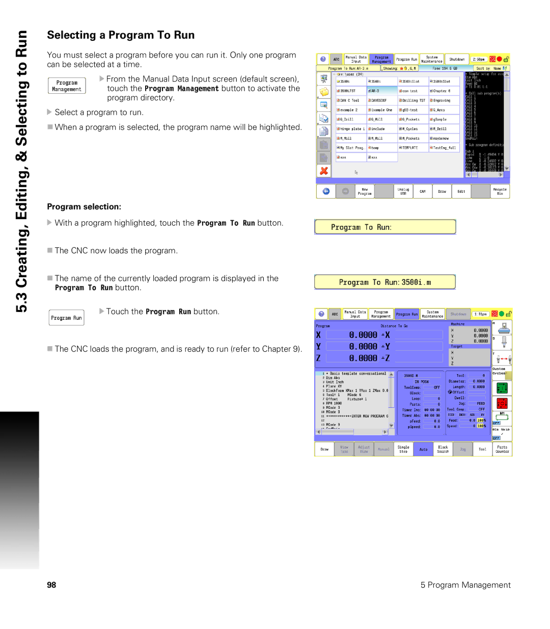 Acu-Rite CNC 3500i user manual Selecting a Program To Run, Program selection 