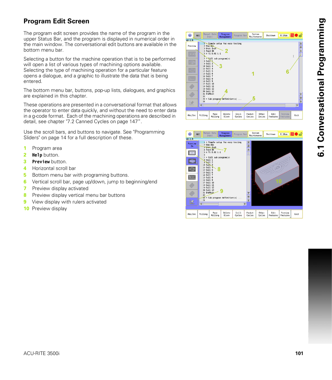 Acu-Rite CNC 3500i user manual Program Edit Screen, 101 