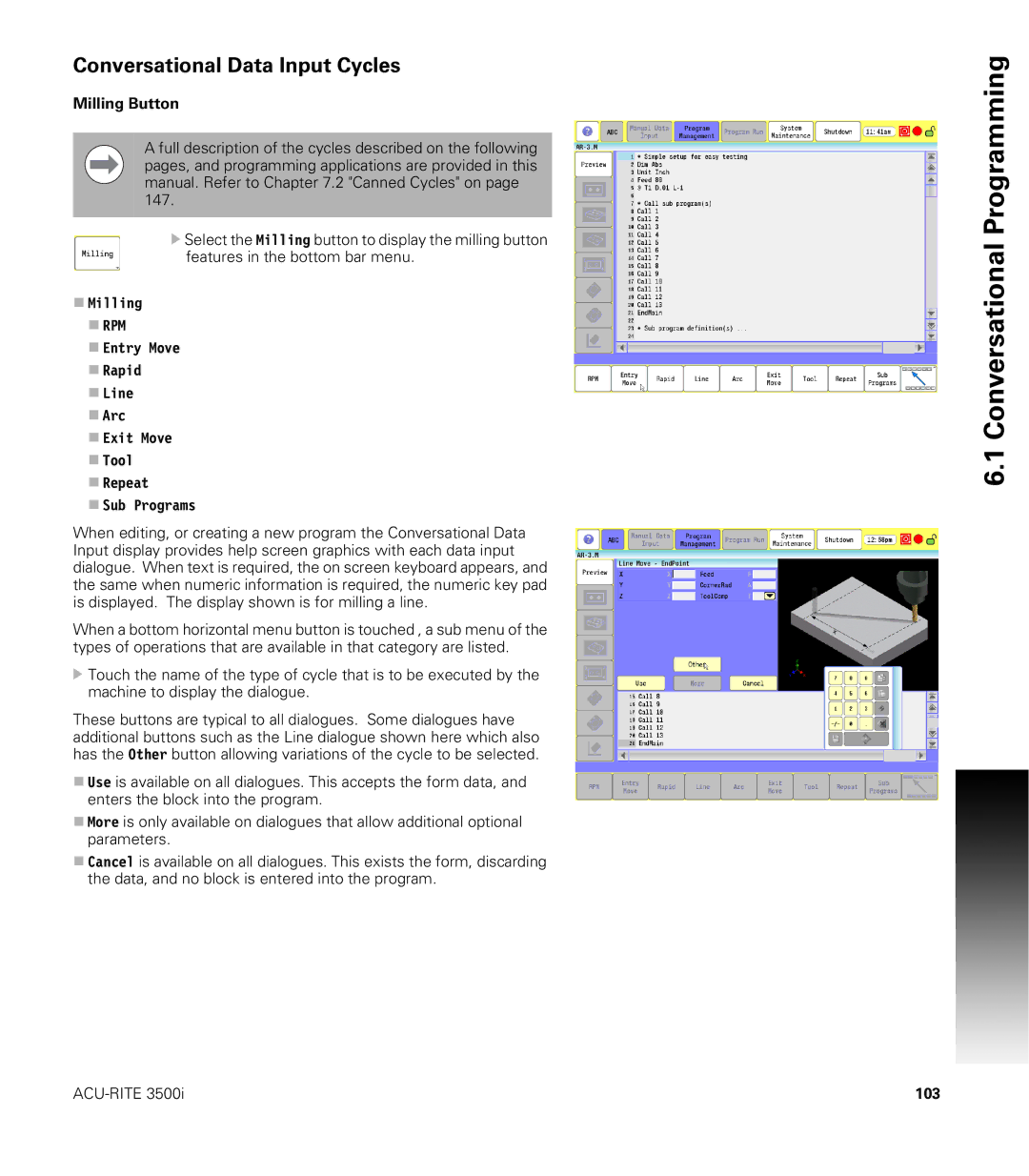 Acu-Rite CNC 3500i user manual Conversational Data Input Cycles, Milling Button, 103 