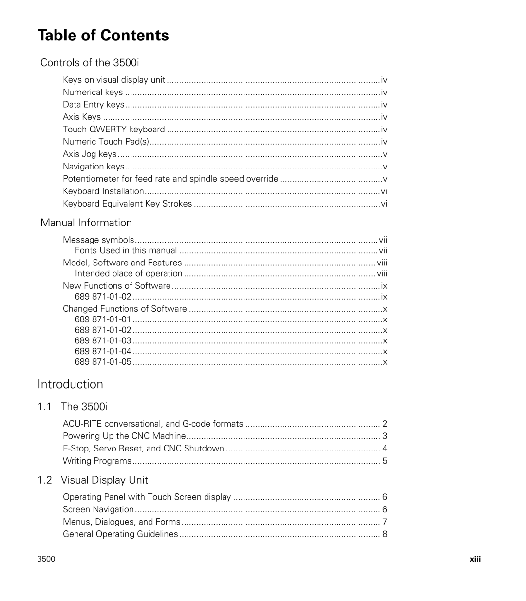 Acu-Rite CNC 3500i user manual Table of Contents 