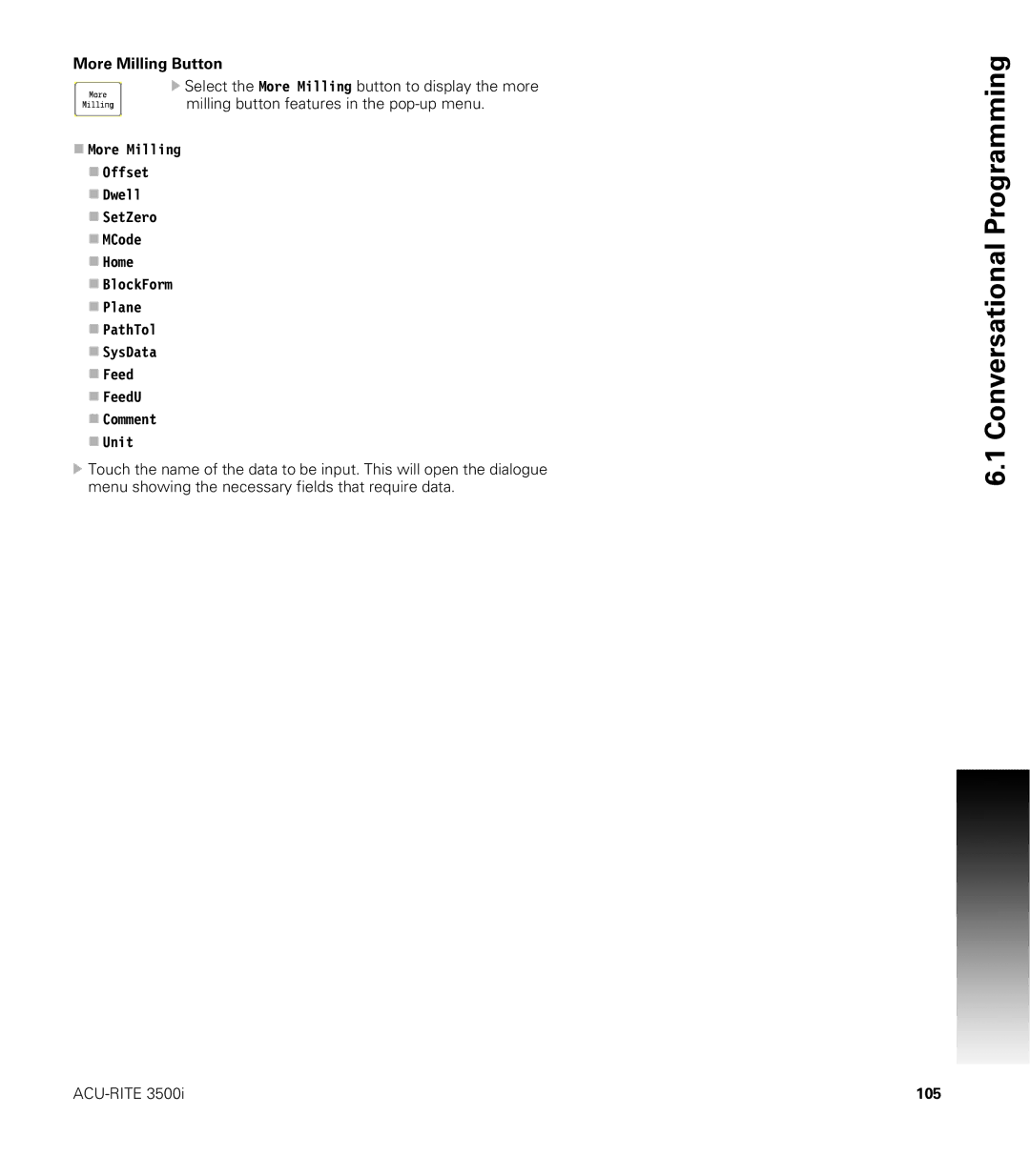 Acu-Rite CNC 3500i user manual More Milling Button, 105 