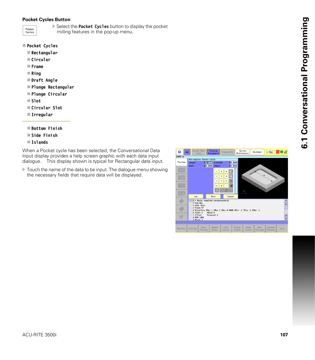 Acu-Rite CNC 3500i user manual Pocket Cycles Button, 107 