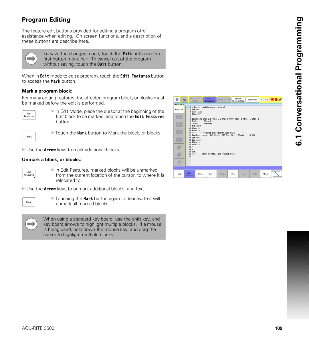 Acu-Rite CNC 3500i user manual Program Editing, Mark a program block, Unmark a block, or blocks, 109 