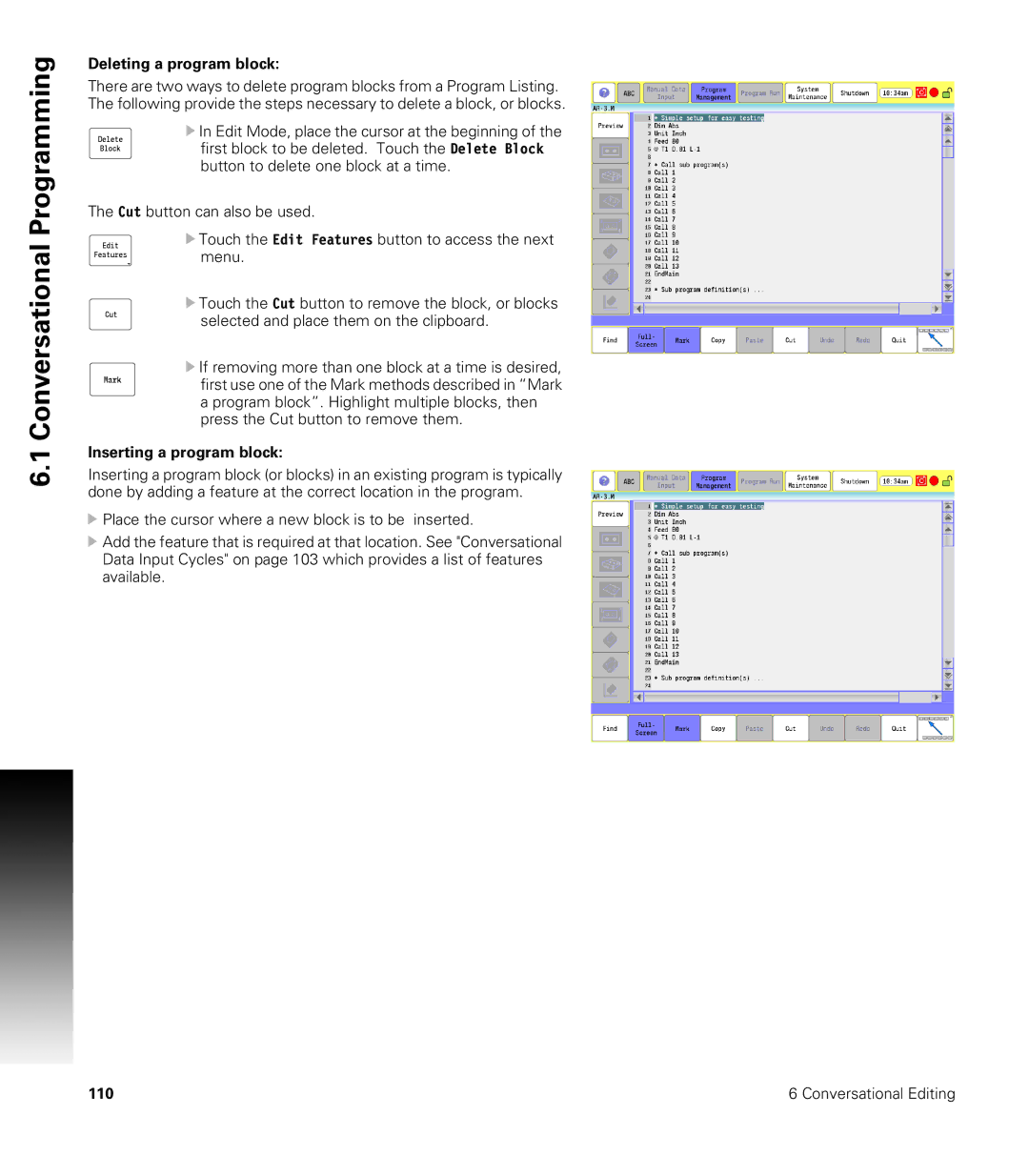 Acu-Rite CNC 3500i user manual Deleting a program block, Inserting a program block 