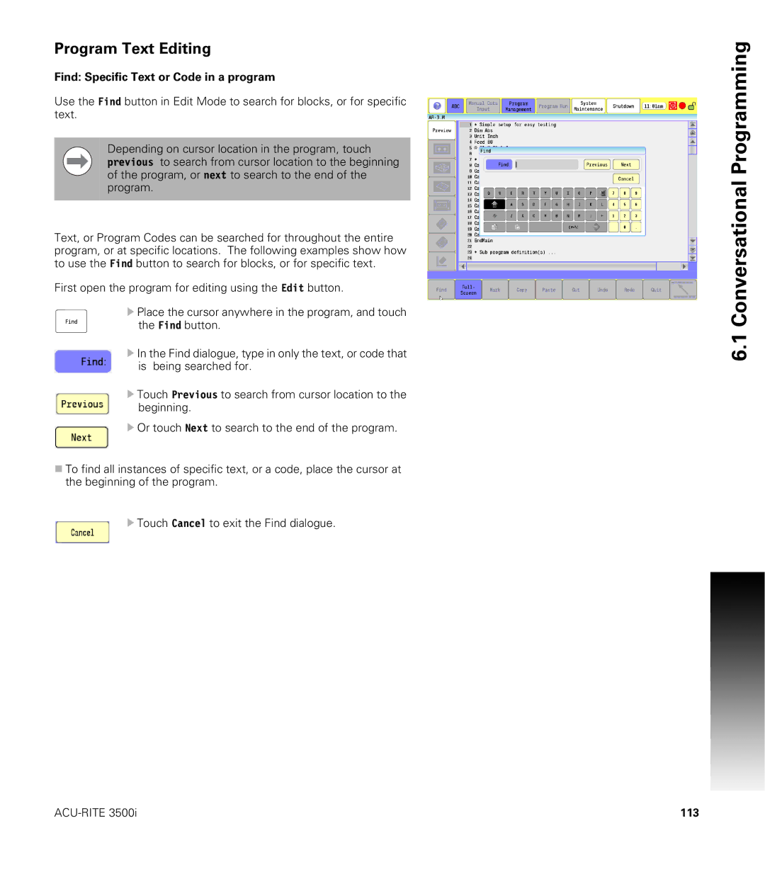 Acu-Rite CNC 3500i user manual Program Text Editing, Find Specific Text or Code in a program, 113 