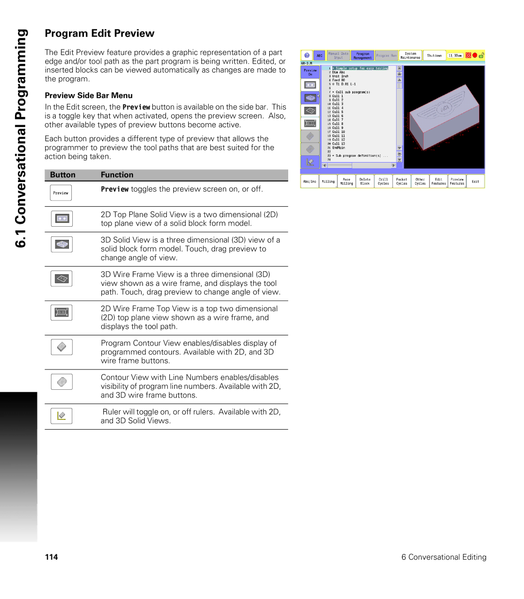 Acu-Rite CNC 3500i user manual Program Edit Preview, Preview Side Bar Menu 