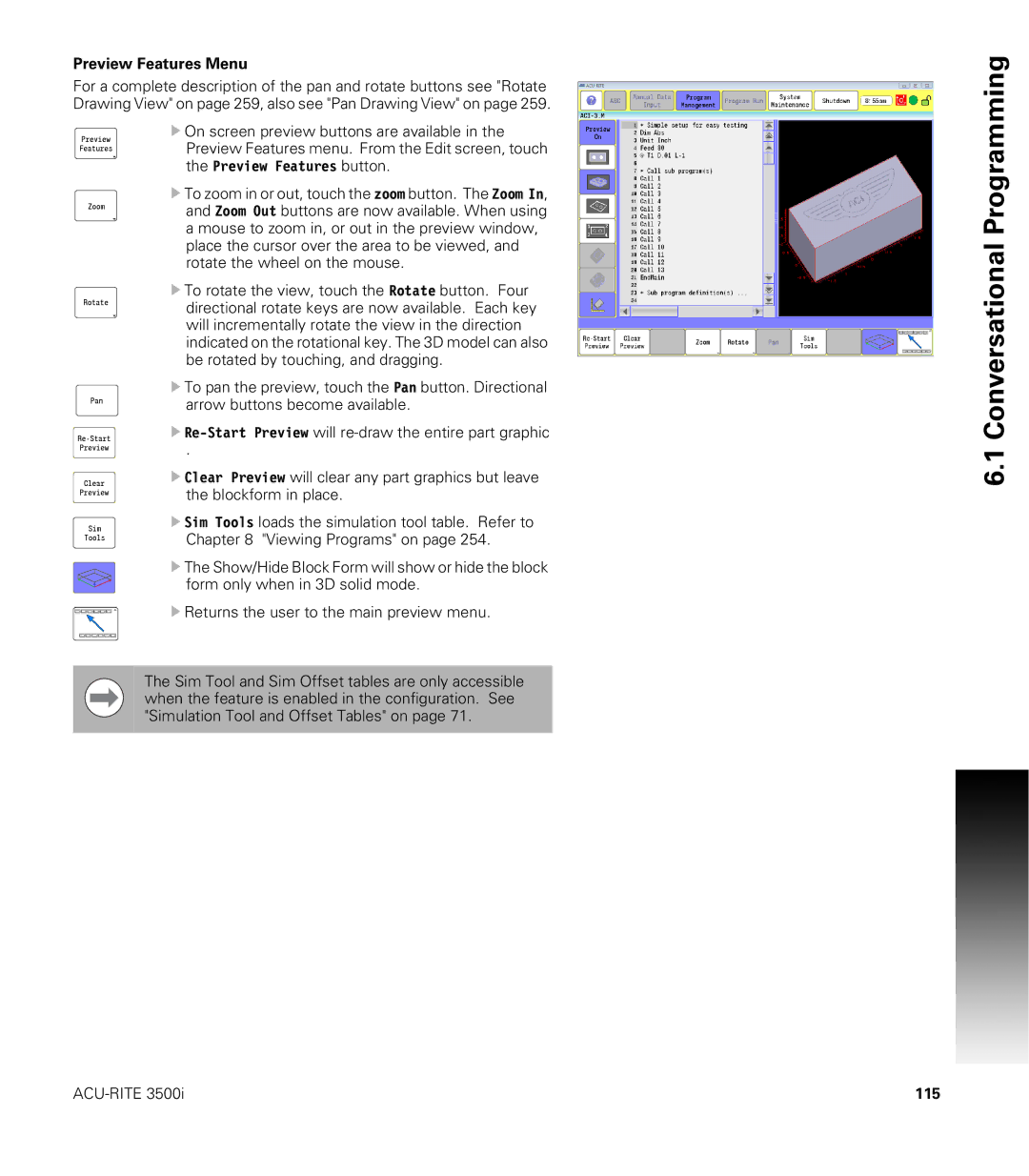 Acu-Rite CNC 3500i user manual Preview Features Menu, 115 