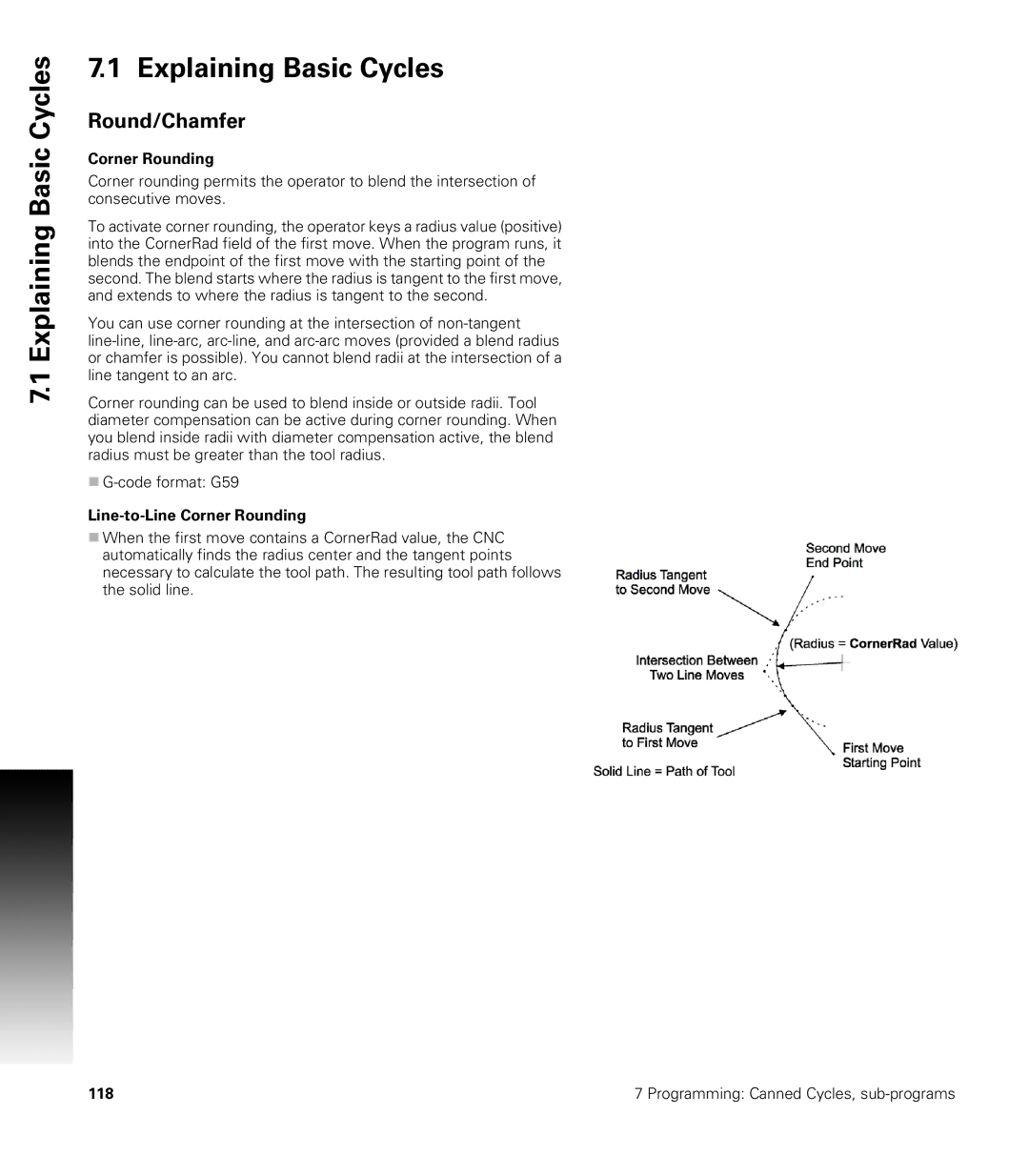 Acu-Rite CNC 3500i user manual Explaining Basic Cycles, Round/Chamfer, Line-to-Line Corner Rounding 