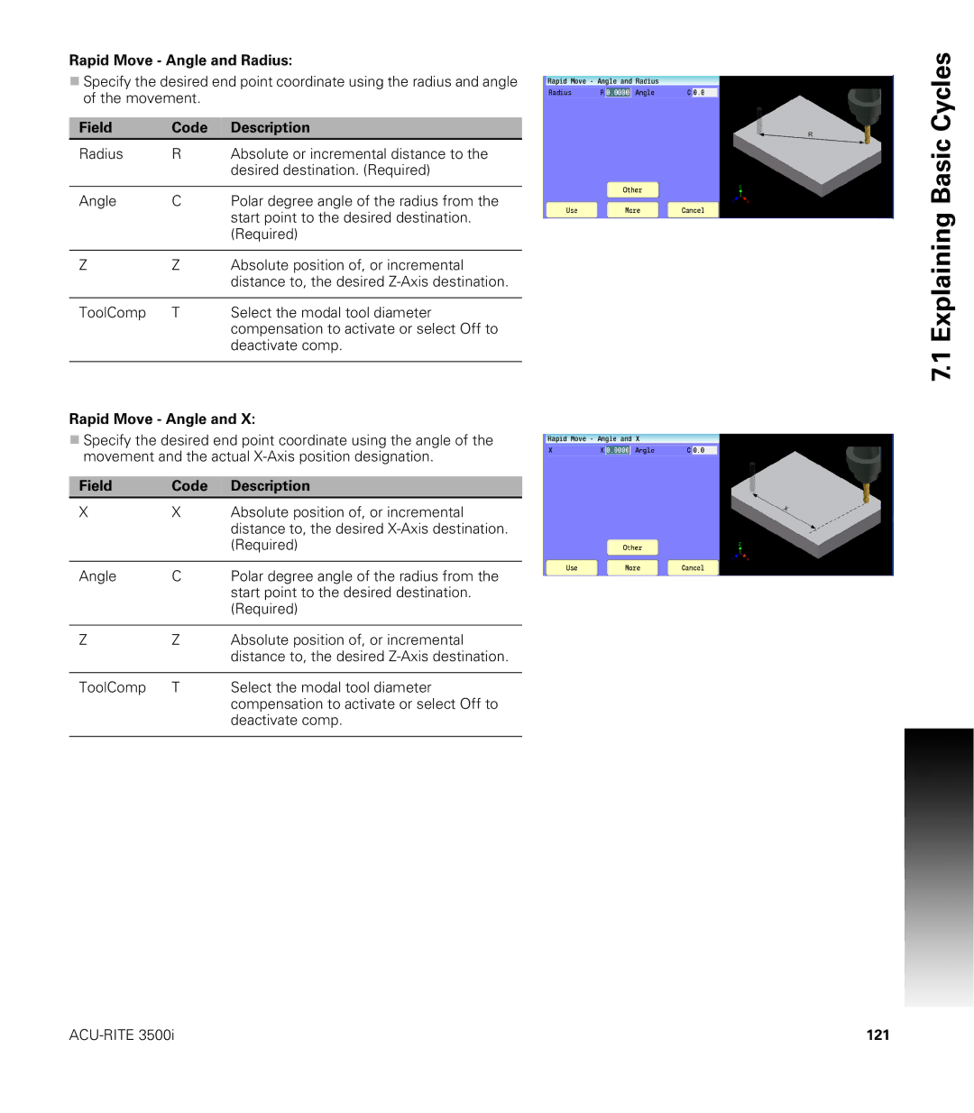 Acu-Rite CNC 3500i user manual Rapid Move Angle and Radius, 121 