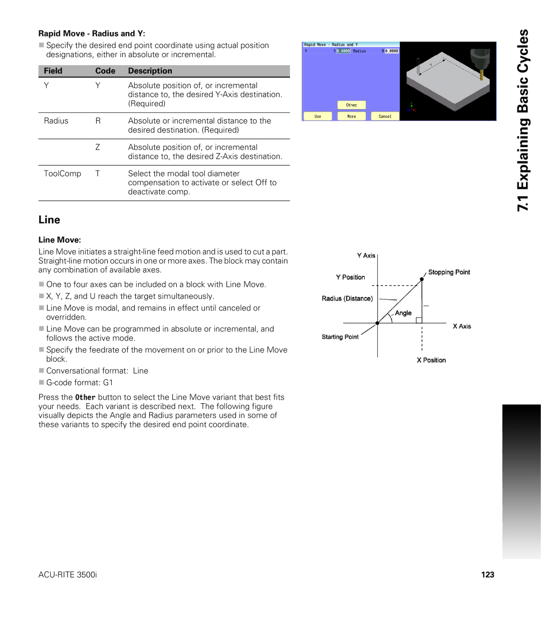 Acu-Rite CNC 3500i user manual Rapid Move Radius and Y, Line Move, 123 