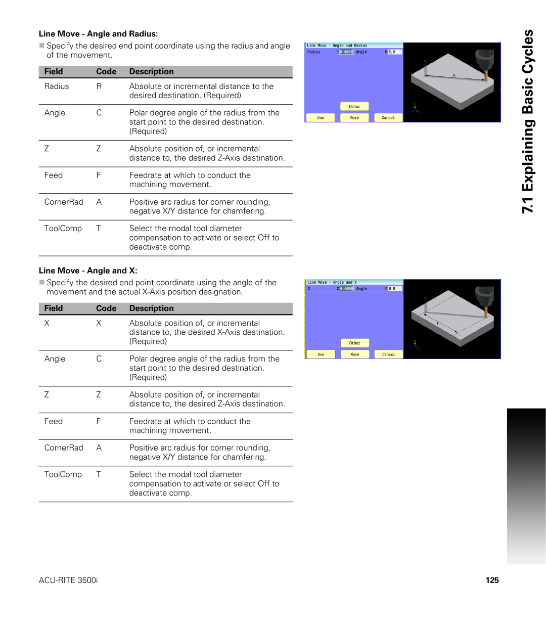 Acu-Rite CNC 3500i user manual Line Move Angle and Radius, 125 