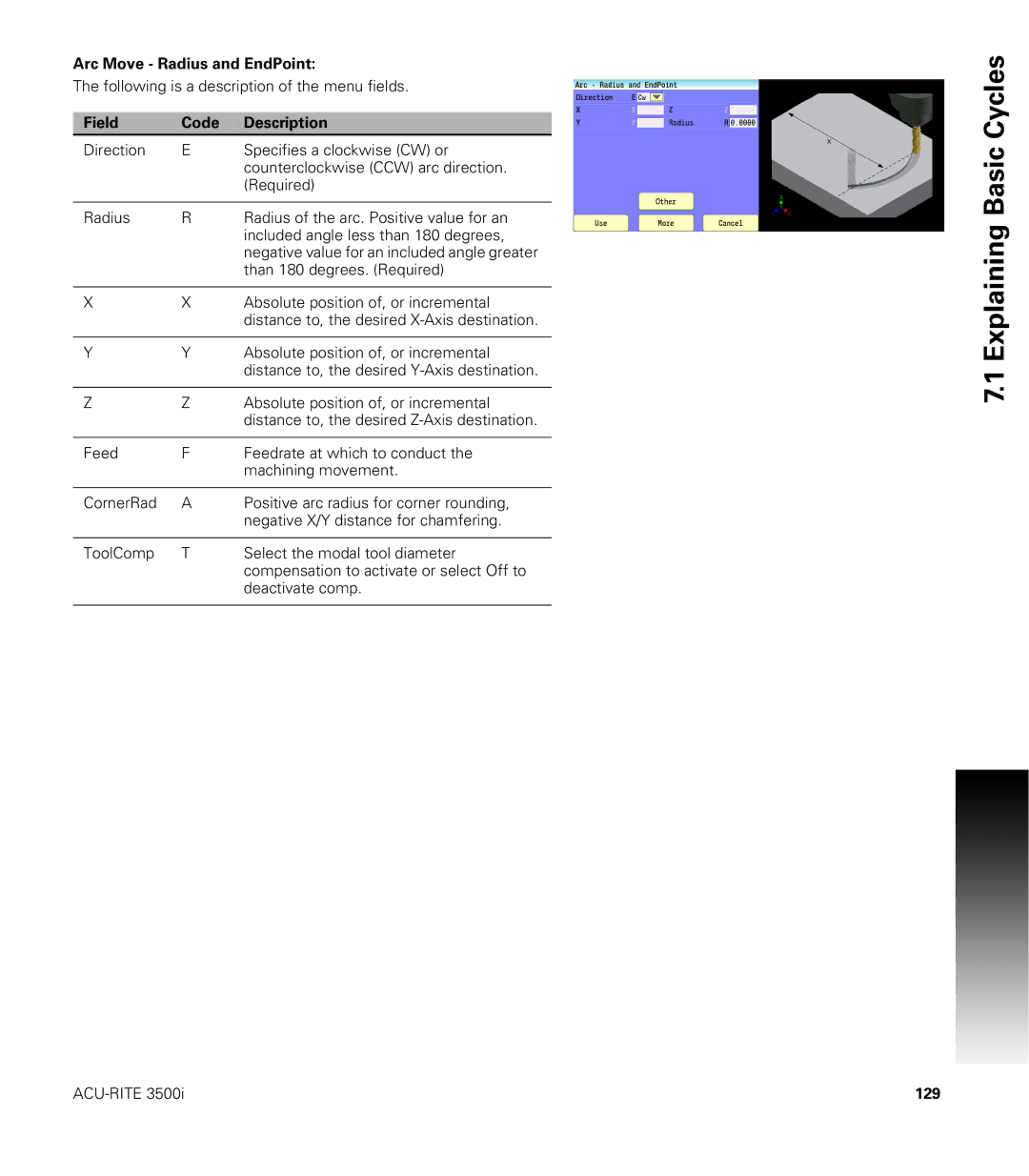 Acu-Rite CNC 3500i user manual Arc Move Radius and EndPoint, 129 