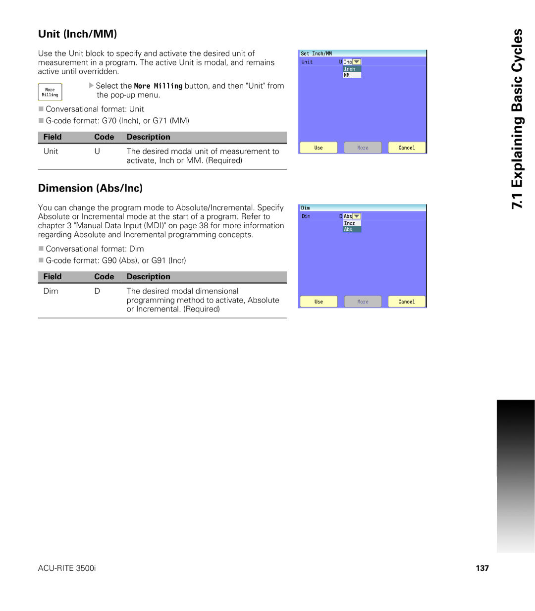 Acu-Rite CNC 3500i user manual Unit Inch/MM, Dimension Abs/Inc, 137 