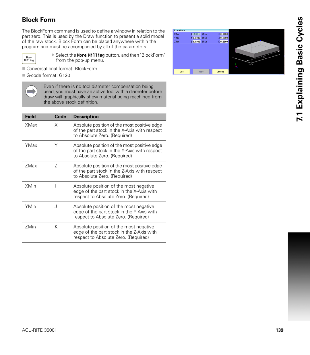 Acu-Rite CNC 3500i user manual Block Form, 139 