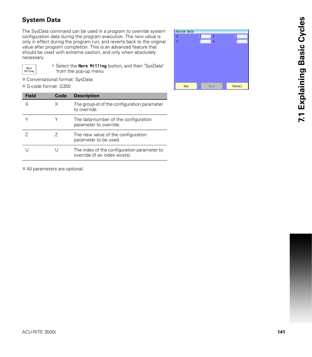 Acu-Rite CNC 3500i user manual System Data, 141 