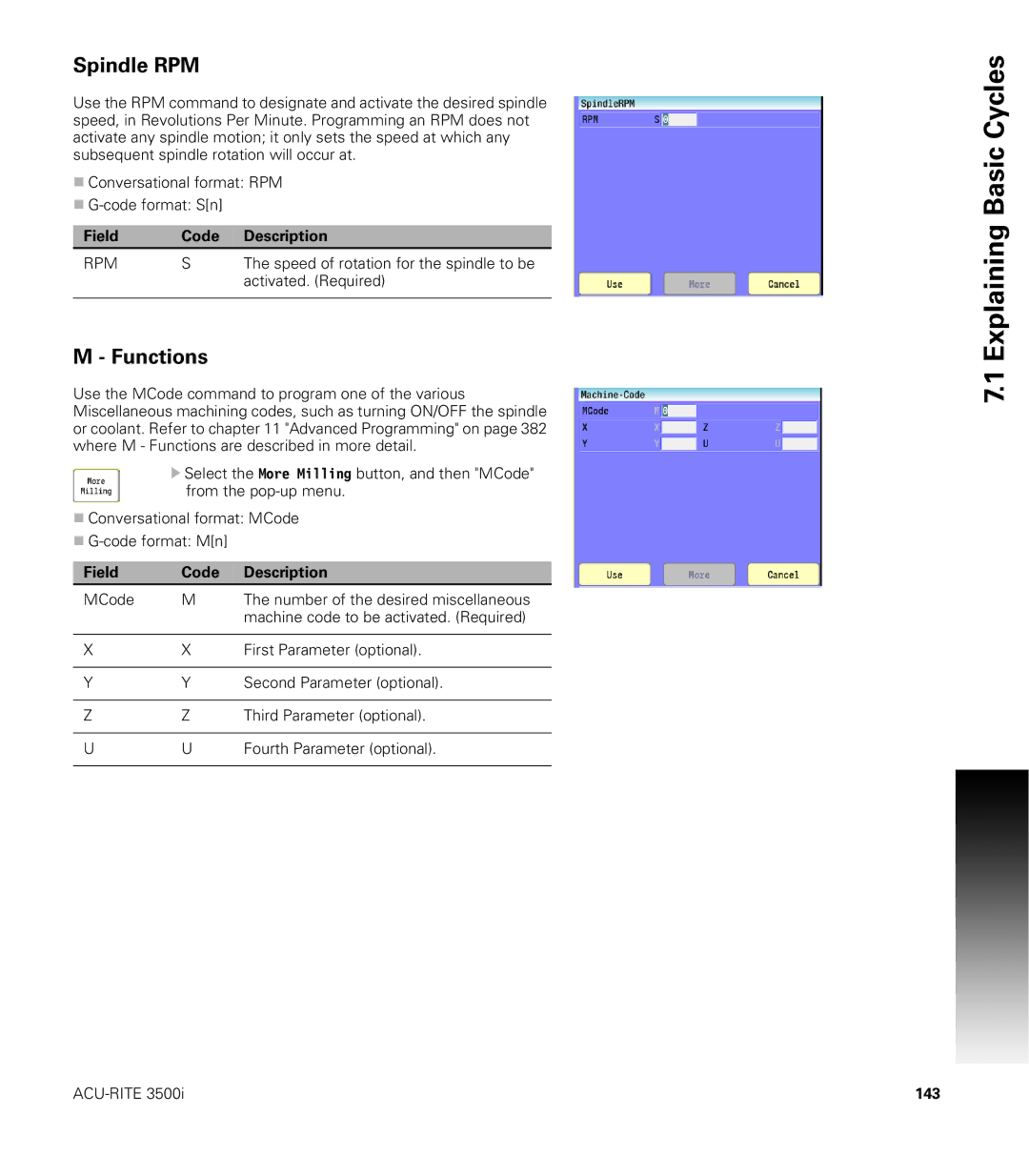 Acu-Rite CNC 3500i user manual Spindle RPM, Functions, 143 