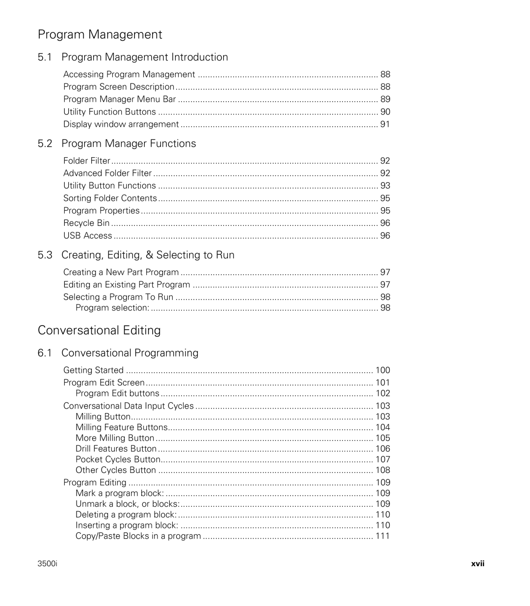 Acu-Rite CNC 3500i user manual Program Management, Xvii 