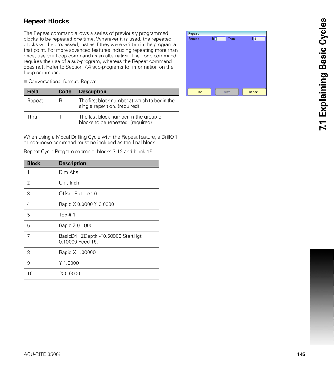 Acu-Rite CNC 3500i user manual Repeat Blocks, Block Description, 145 