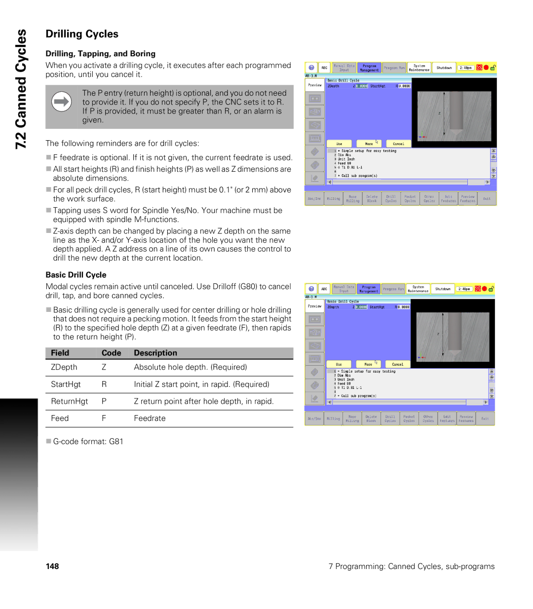 Acu-Rite CNC 3500i user manual Drilling Cycles, Drilling, Tapping, and Boring, Basic Drill Cycle 