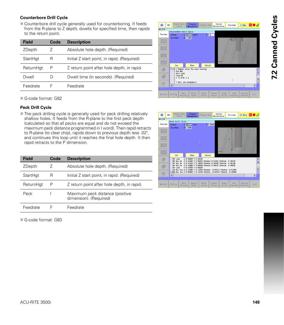 Acu-Rite CNC 3500i user manual Counterbore Drill Cycle, Peck Drill Cycle, 149 