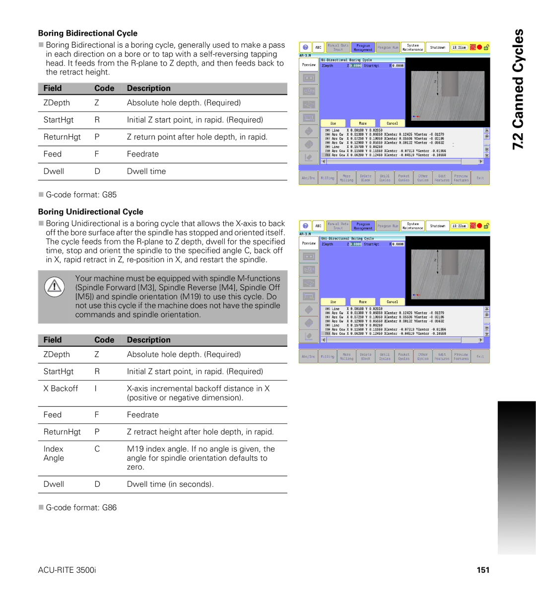 Acu-Rite CNC 3500i user manual Boring Bidirectional Cycle, Boring Unidirectional Cycle, 151 