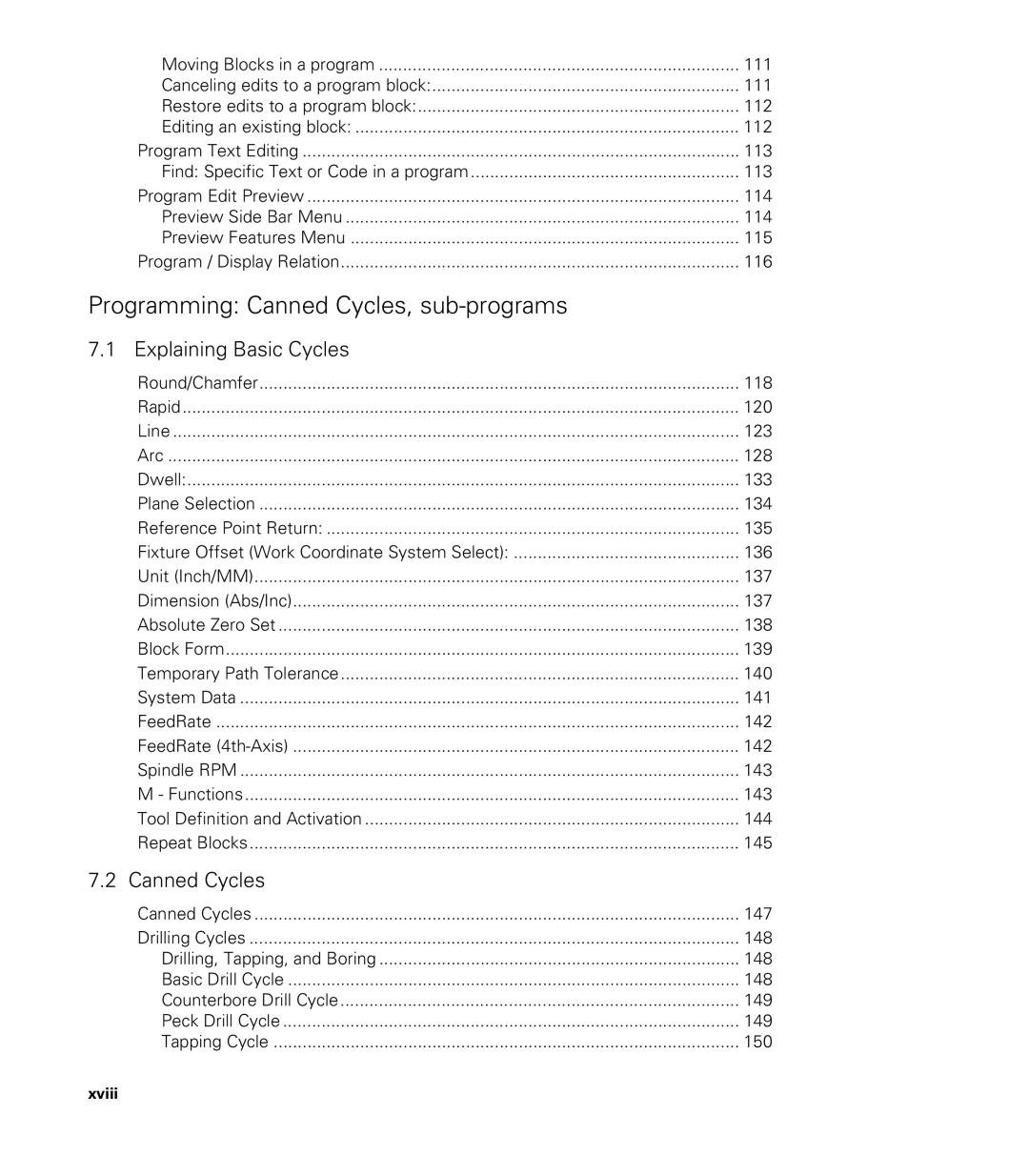 Acu-Rite CNC 3500i user manual Programming Canned Cycles, sub-programs, Xviii 