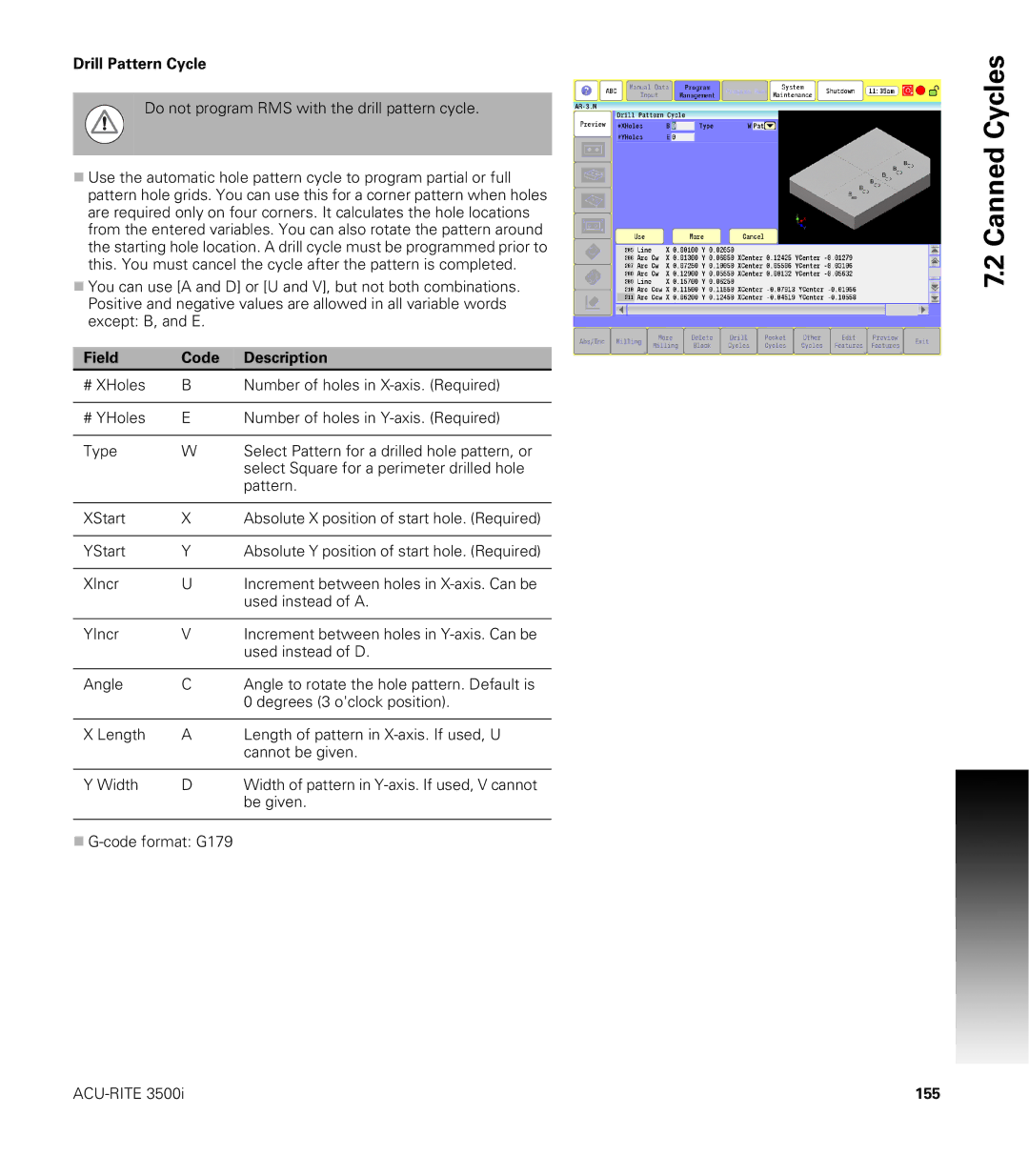 Acu-Rite CNC 3500i user manual Drill Pattern Cycle, 155 