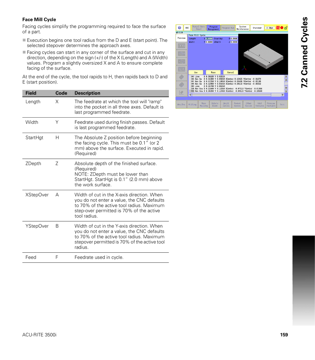 Acu-Rite CNC 3500i user manual Face Mill Cycle, 159 