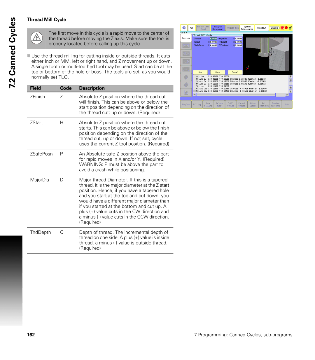 Acu-Rite CNC 3500i user manual Thread Mill Cycle 