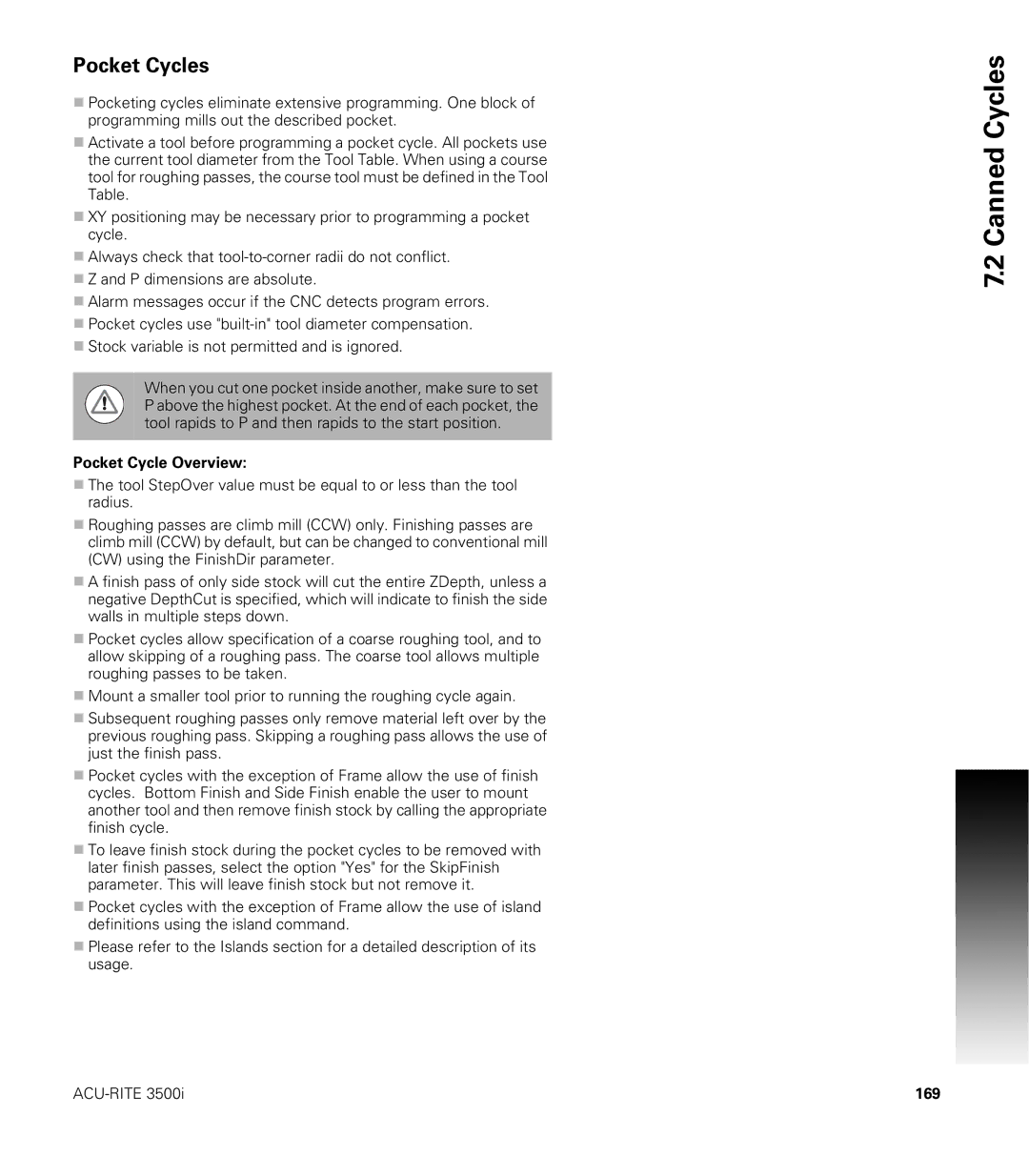 Acu-Rite CNC 3500i user manual Pocket Cycles, Pocket Cycle Overview, 169 