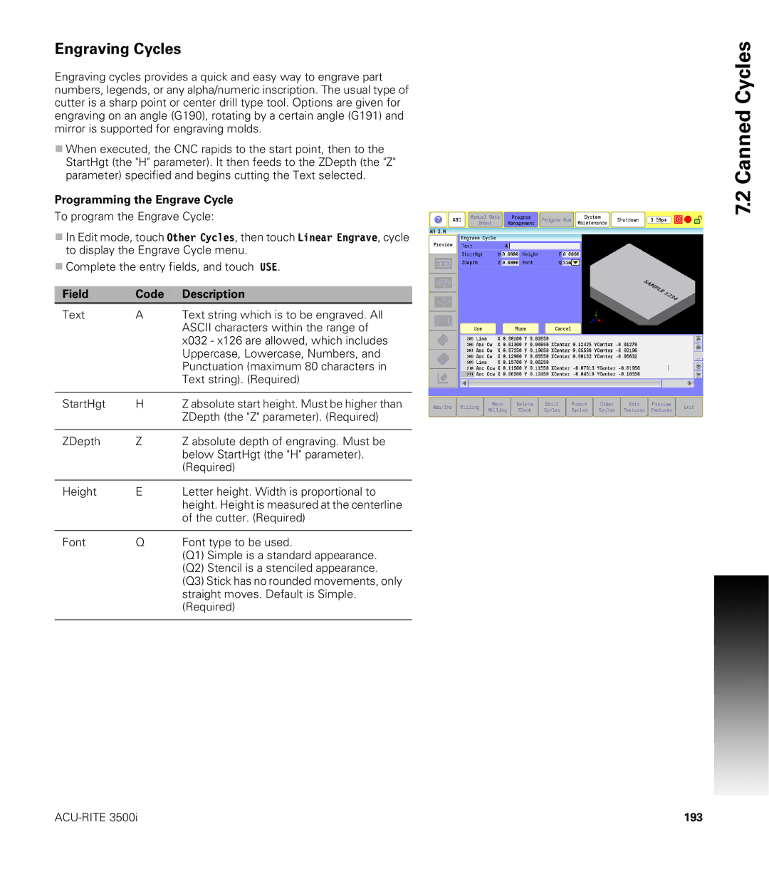 Acu-Rite CNC 3500i user manual Engraving Cycles, Programming the Engrave Cycle, 193 