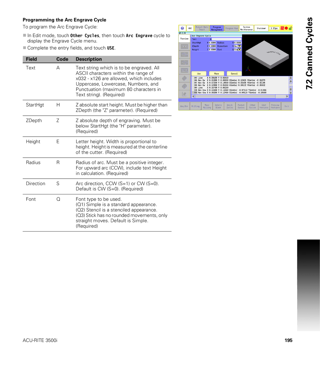 Acu-Rite CNC 3500i user manual Programming the Arc Engrave Cycle, 195 