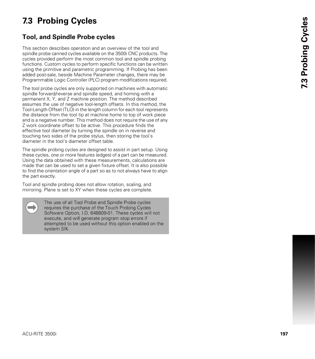 Acu-Rite CNC 3500i user manual Probing Cycles, Tool, and Spindle Probe cycles, 197 