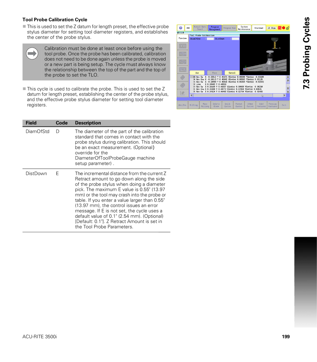 Acu-Rite CNC 3500i user manual Tool Probe Calibration Cycle, 199 