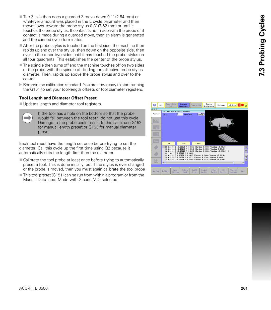 Acu-Rite CNC 3500i user manual Tool Length and Diameter Offset Preset, 201 