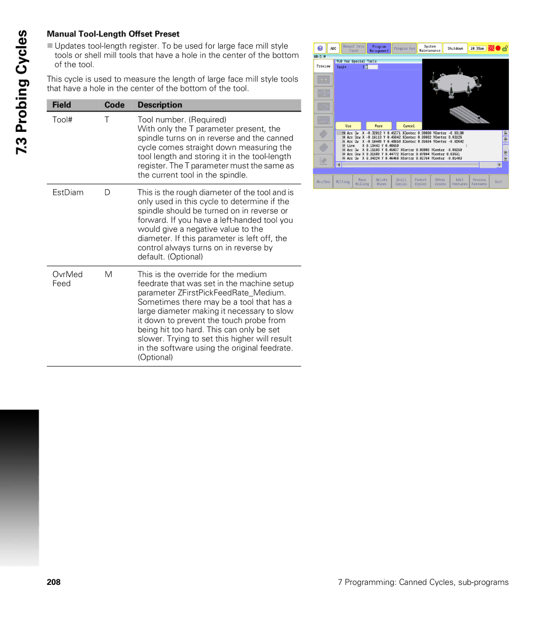 Acu-Rite CNC 3500i user manual Manual Tool-Length Offset Preset, Field Code Description 