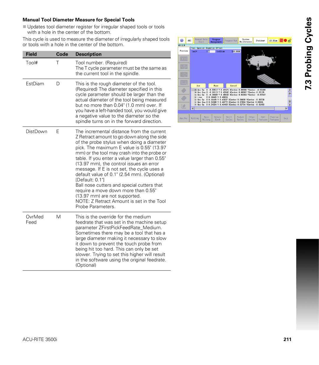 Acu-Rite CNC 3500i user manual Manual Tool Diameter Measure for Special Tools, 211 