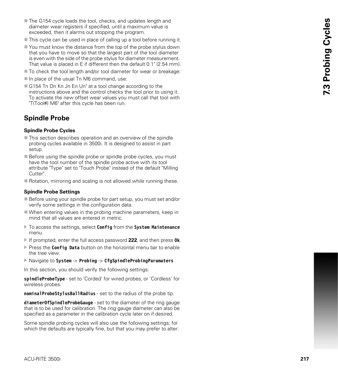 Acu-Rite CNC 3500i user manual Spindle Probe Cycles, Spindle Probe Settings, 217 