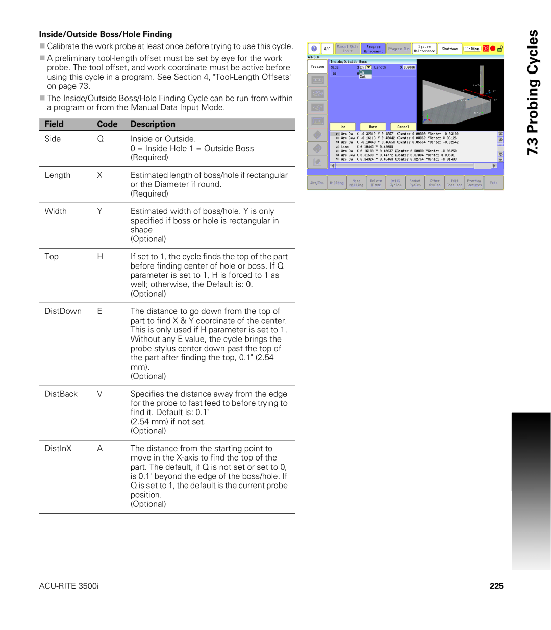 Acu-Rite CNC 3500i user manual Inside/Outside Boss/Hole Finding, 225 