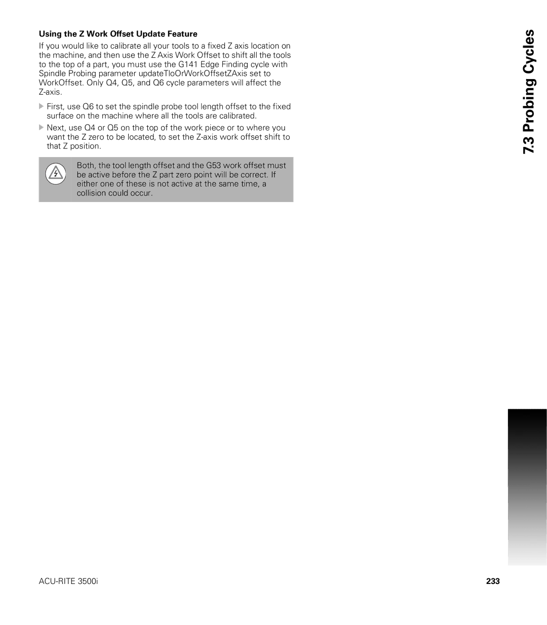 Acu-Rite CNC 3500i user manual Using the Z Work Offset Update Feature, 233 