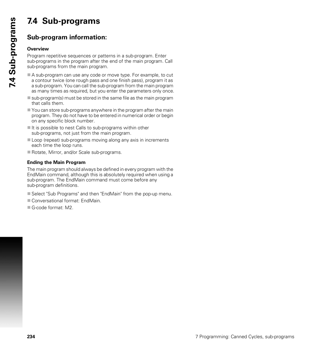 Acu-Rite CNC 3500i user manual Sub-programs, Sub-program information, Overview, Ending the Main Program 